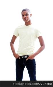 Casual young African man in yellow shirt and hands in pocket of jeans, isolated