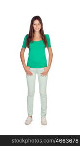 Casual young girl in green isolated on a white backgrund