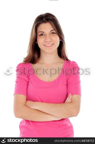 Casual young girl in pink isolated on a white background