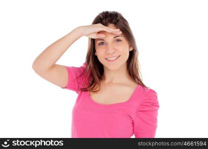 Casual young girl looking something isolated on a white background