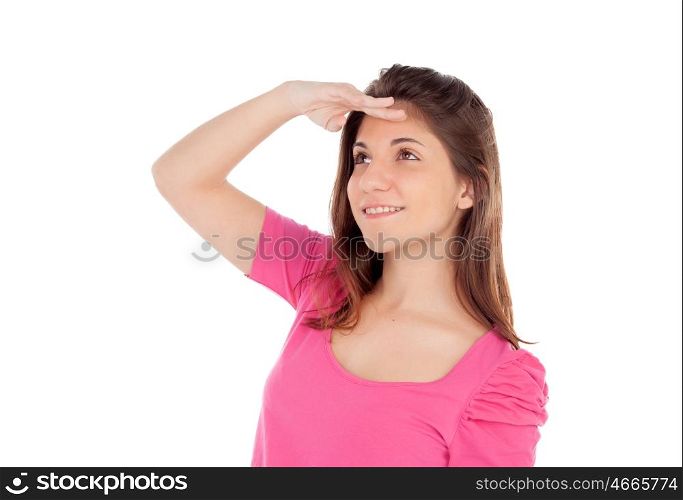 Casual young girl looking something isolated on a white background