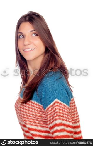 Casual young girl looking up isolated on a white background