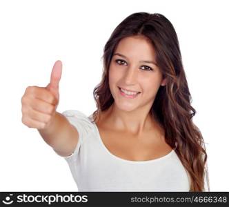 Casual young girl saying Ok isolated on a white background