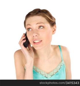 Casual young girl talking on the phone - isolated over white background