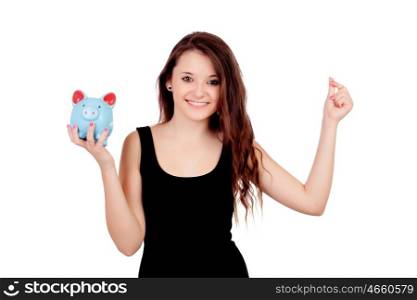 Casual young girl with a blue moneybox isolated on a white background