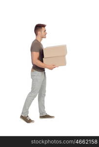 Casual young man carrying boxes isolated on a white background