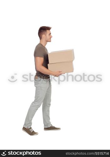 Casual young man carrying boxes isolated on a white background