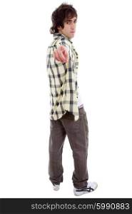 casual young man full body, pointing, isolated on white