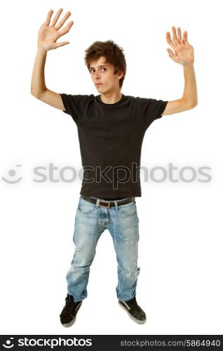 casual young man full body with big hands