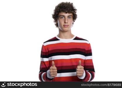 casual young man going thumbs up, isolated on white
