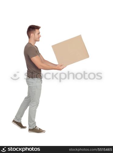 Casual young man holding a box isolated on a white background