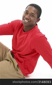 Casual Young Man in Khakis and Long Sleeve Red Shirt