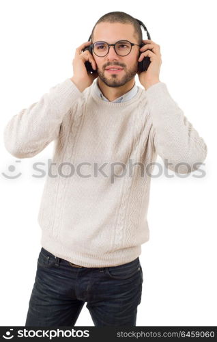 Casual young man listening music with headphones, isolated on white background