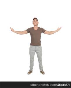 Casual young man looking up with arms extended isolated on a white background