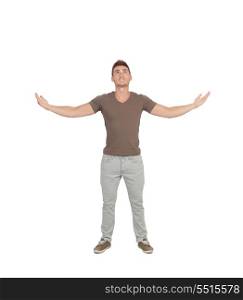 Casual young man looking up with arms extended isolated on a white background