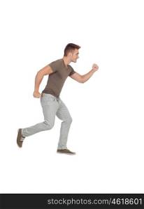 Casual young man running isolated on a white background