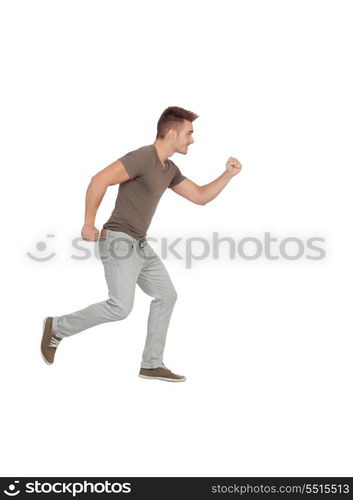 Casual young man running isolated on a white background