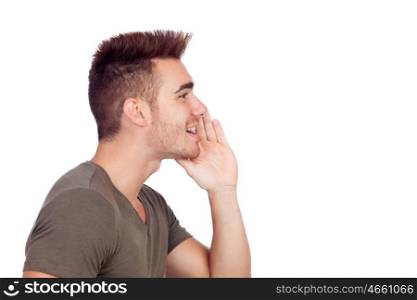 Casual young man shouting isolated on a white background