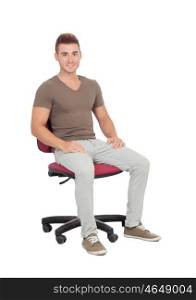 Casual young man sitting on an office chair isolated on a white background