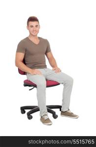 Casual young man sitting on an office chair isolated on a white background
