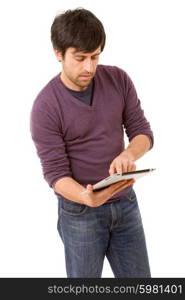 Casual young man using digital tablet isolated on white background