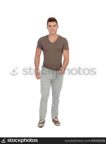 Casual young man walking isolated on a white background