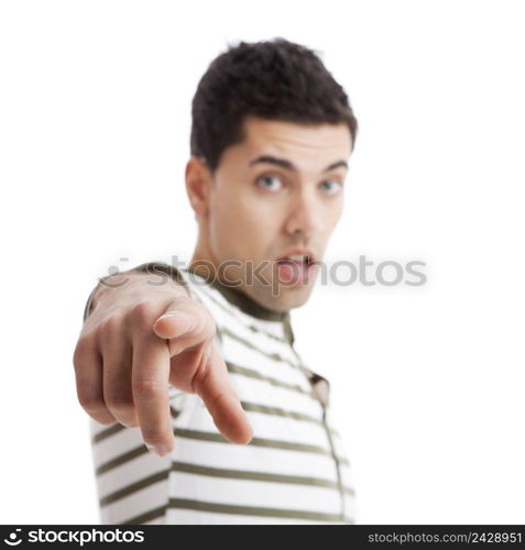 Casual young man with a astonish expression against a white background 