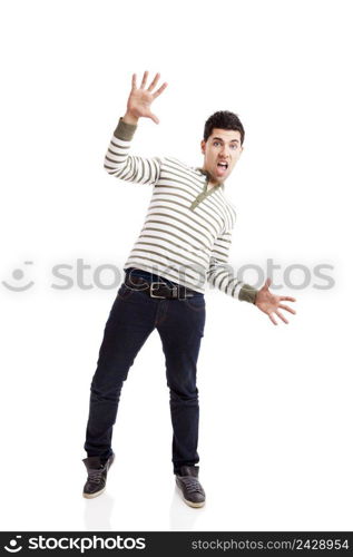 Casual young man with a astonish expression against a white background 