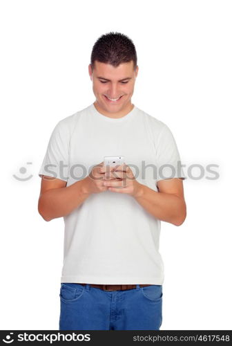 Casual young men with looking mobile isolated on a white background