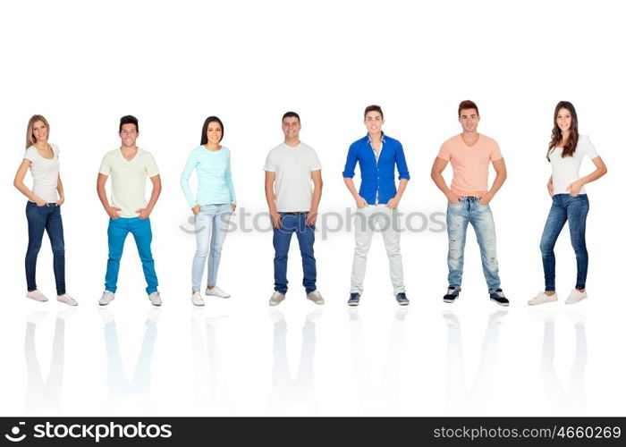 Casual young people with jeans and hands in their pockets isolated on a white background