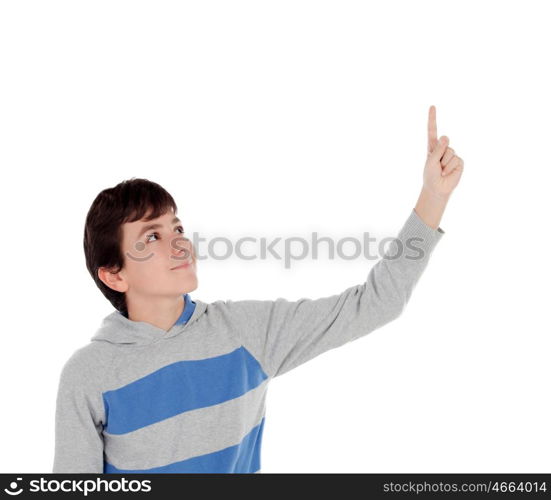Casual young teenager pointing with his finger isolated on a white background