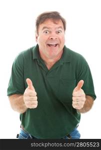 Casually dressed mature man making a silly face and giving two thumbs up. Isolated on white.