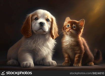 Cat And Dog Sitting Together. Cute Puppy And Kitten . AI generated Illustration.
