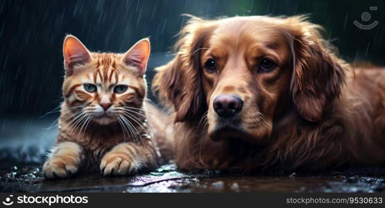 Cat and Dog United in Rain’s Embrace. Generative ai. High quality illustration. Cat and Dog United in Rain’s Embrace. Generative ai