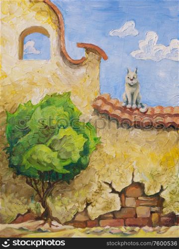 Cat and the tree. The cat is sitting on the old yellow wall and looking at the small green tree. My oil painting, 30 x 40 cm..