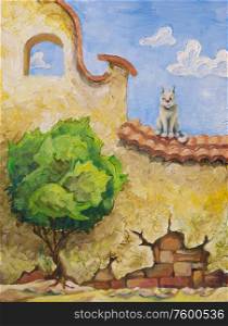 Cat and the tree. The cat is sitting on the old yellow wall and looking at the small green tree. My oil painting, 30 x 40 cm..