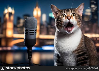 Cat artist sings into a microphone. Neural network AI generated art. Cat artist sings into a microphone. Neural network AI generated