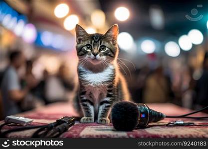 Cat artist sings into a microphone. Neural network AI generated art. Cat artist sings into a microphone. Neural network AI generated