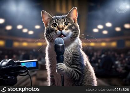 Cat artist sings into a microphone. Neural network AI generated art. Cat artist sings into a microphone. Neural network AI generated