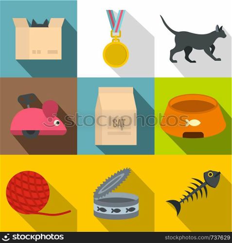 Cat care icon set. Flat style set of 9 cat care vector icons for web design. Cat care icon set, flat style