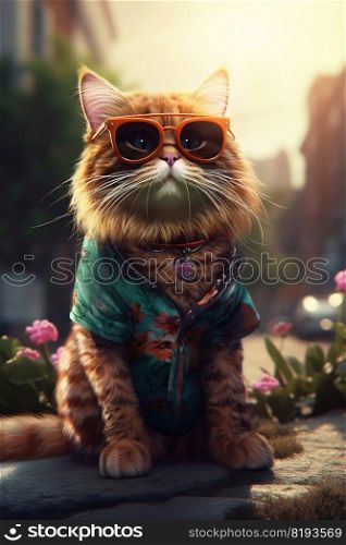 Cat character portrait wearing sunglasses and clothes. Generative AI. High quality illustration. Cat character portrait wearing sunglasses and clothes. Generative AI