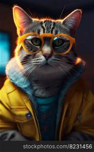 Cat character portrait wearing sunglasses and clothes. Generative AI. High quality illustration. Cat character portrait wearing sunglasses and clothes. Generative AI
