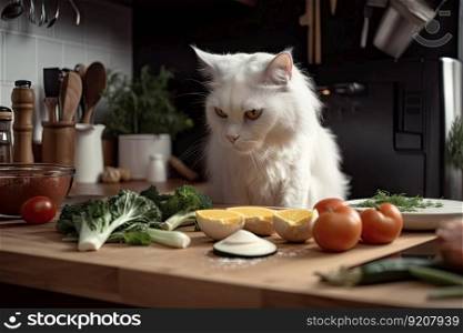 cat chef creating delicious meal from scratch, using fresh ingredients, created with generative ai. cat chef creating delicious meal from scratch, using fresh ingredients