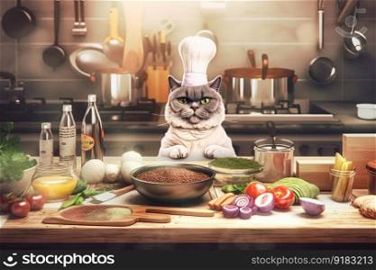 cat chef preparing healthy and nutritious meal, with ingredients displayed in the background, created with generative ai. cat chef preparing healthy and nutritious meal, with ingredients displayed in the background