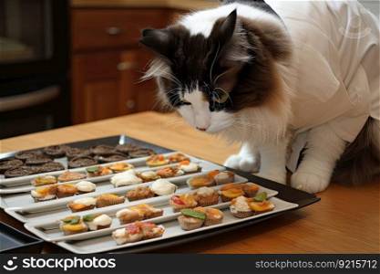cat chef, putting the finishing touches on plate of delectable treats for their furry friends, created with generative ai. cat chef, putting the finishing touches on plate of delectable treats for their furry friends