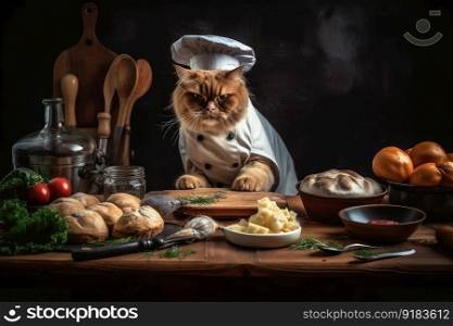 cat chef, surrounded by fresh ingredients and cooking tools, preparing delectable culinary feast, created with generative ai. cat chef, surrounded by fresh ingredients and cooking tools, preparing delectable culinary feast