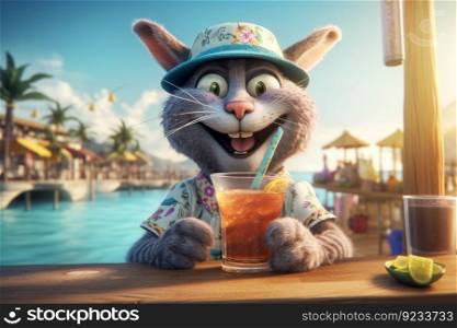 Cat drinking cocktail at pool. Pet summer. Generate Ai. Cat drinking cocktail at pool. Generate Ai
