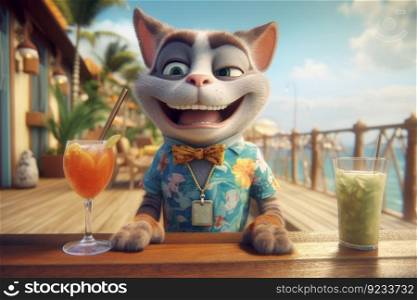 Cat drinking cocktail resort. Happy vacation. Generate Ai. Cat drinking cocktail resort. Generate Ai
