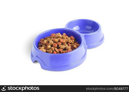 Cat food in bowls isolated on white