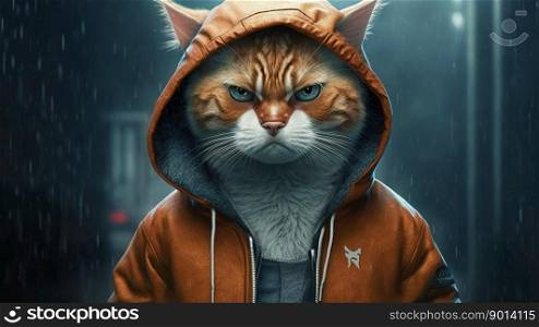 Cat in a leather jacket with a rapper or bandit, gangster, cool cat. Illustration. Generative AI.